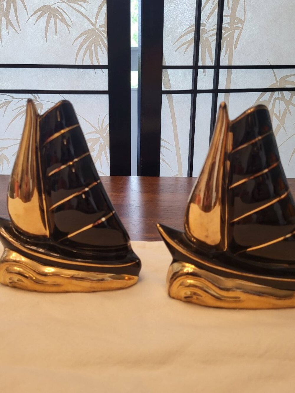 Vintage 50s Pair of Holley Ross Ceramic Sailboat Wall Pockets w/ 22k Gold